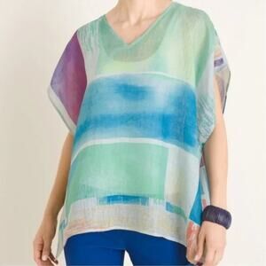 CHICO’S Abstract Print 100% Linen‎ V Neck Poncho Shirt Top Size Small